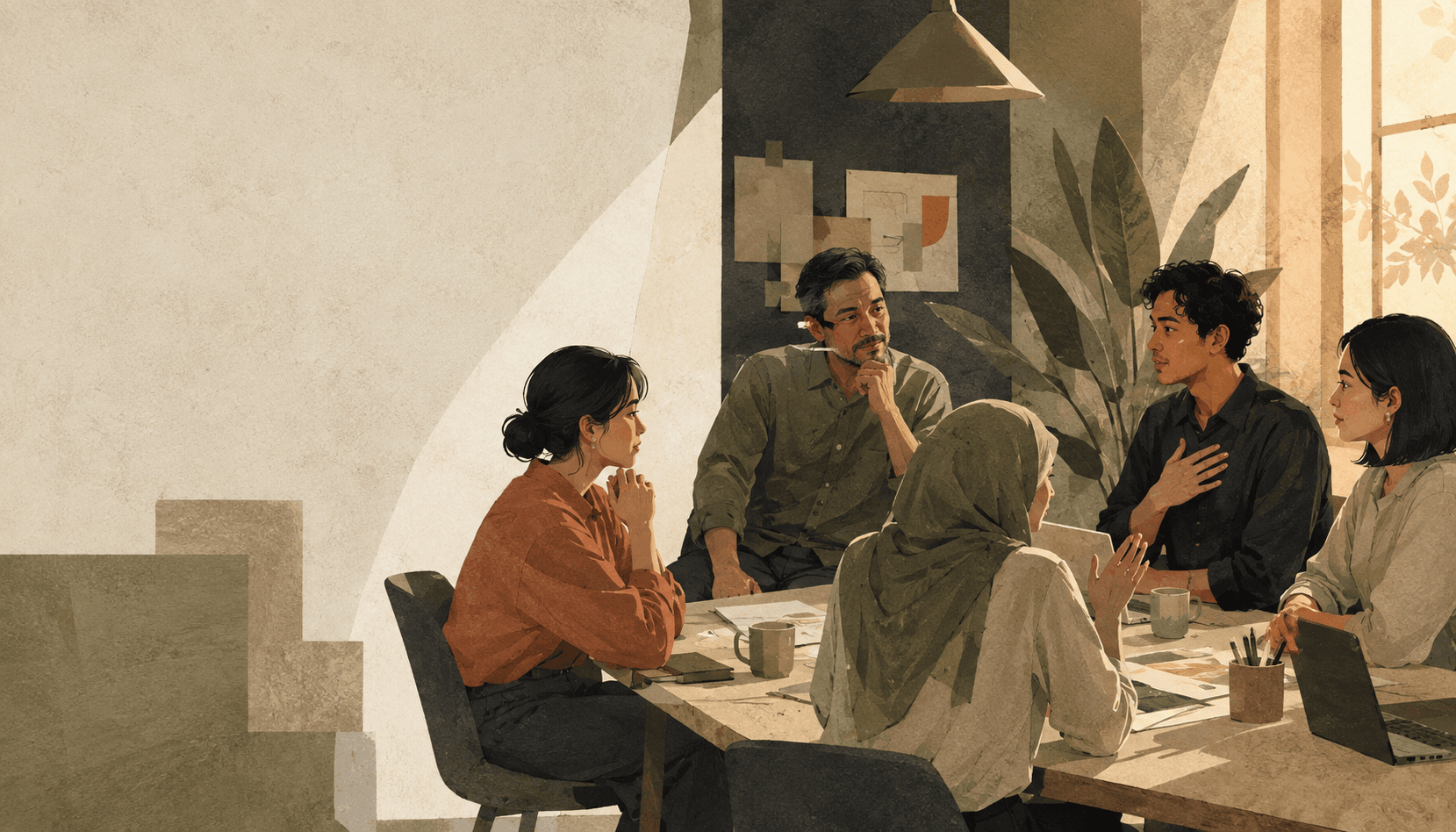 Ilustrasi percakapan tim di tempat kerja